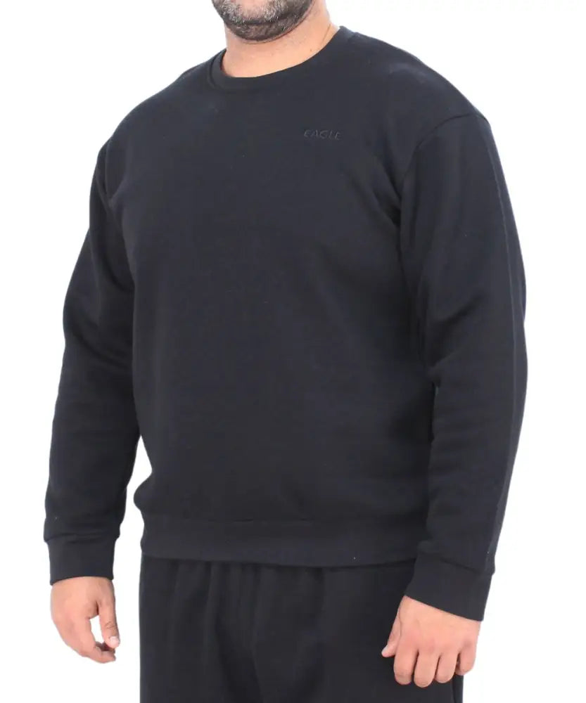 Black crewneck sweatshirt worn by a person showcasing Mens Fleece Track style