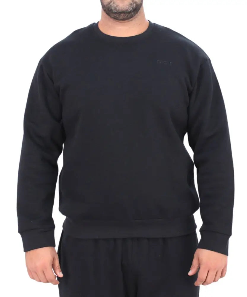 Black crewneck sweatshirt worn by a person showcasing Mens Fleece Track Top style