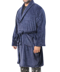 Navy blue plush bathrobe with shawl collar and tie belt for mens gown comfort