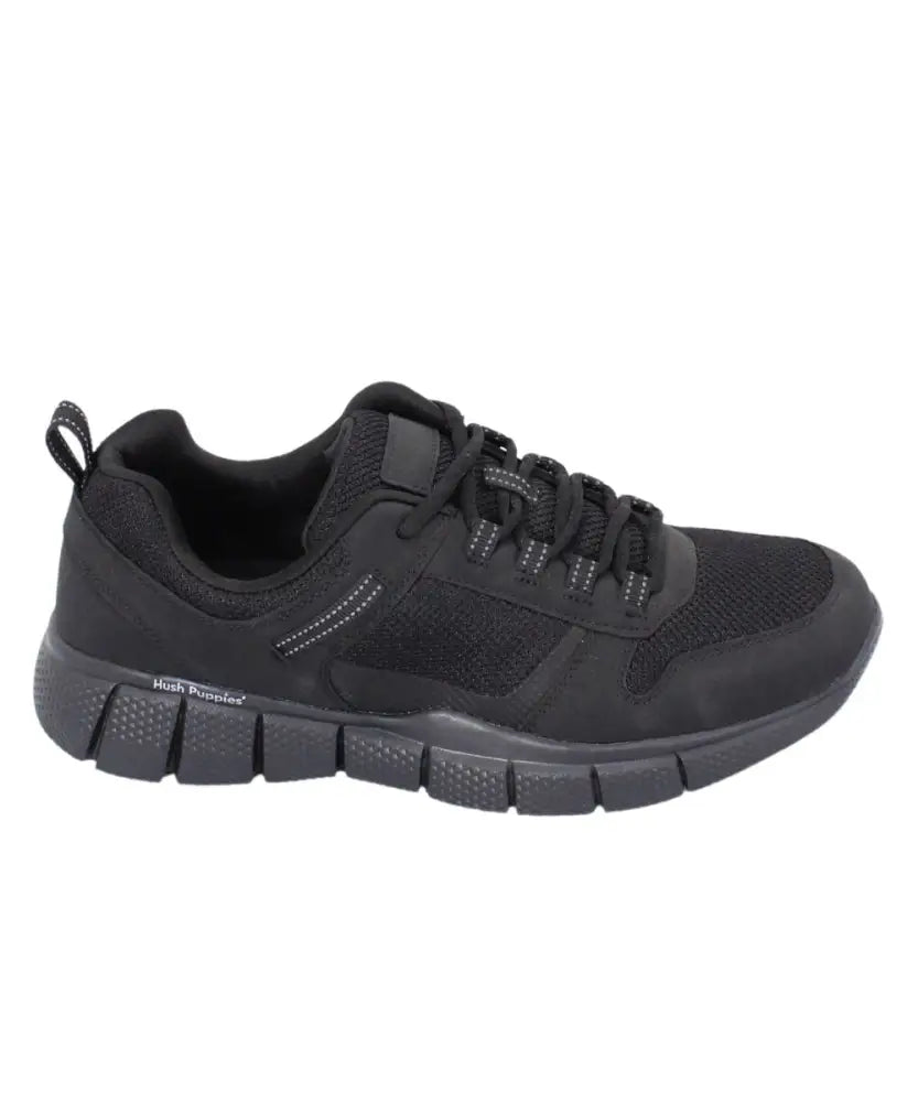 Black athletic sneaker featuring a mesh upper and chunky sole, Mens Hush Puppy Equally Speed Trainer