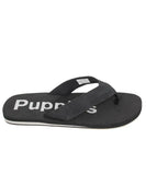Black Men’s Hush Puppy Stomp Thong sandal featuring Puppies text on footbed