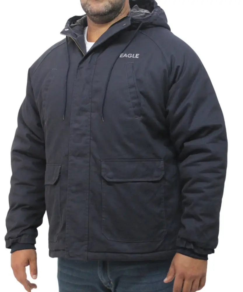 Dark gray hooded winter parka jacket with EAGLE branding for men
