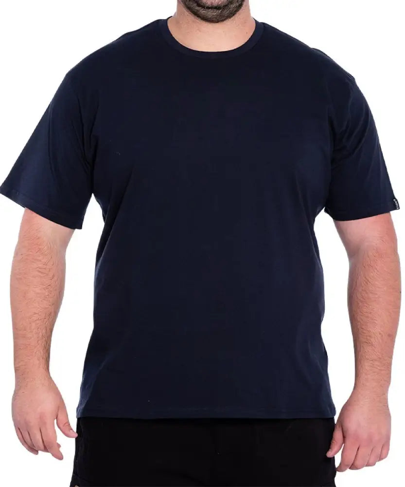 Navy blue mens plain cotton crew neck tee worn by a person displaying style