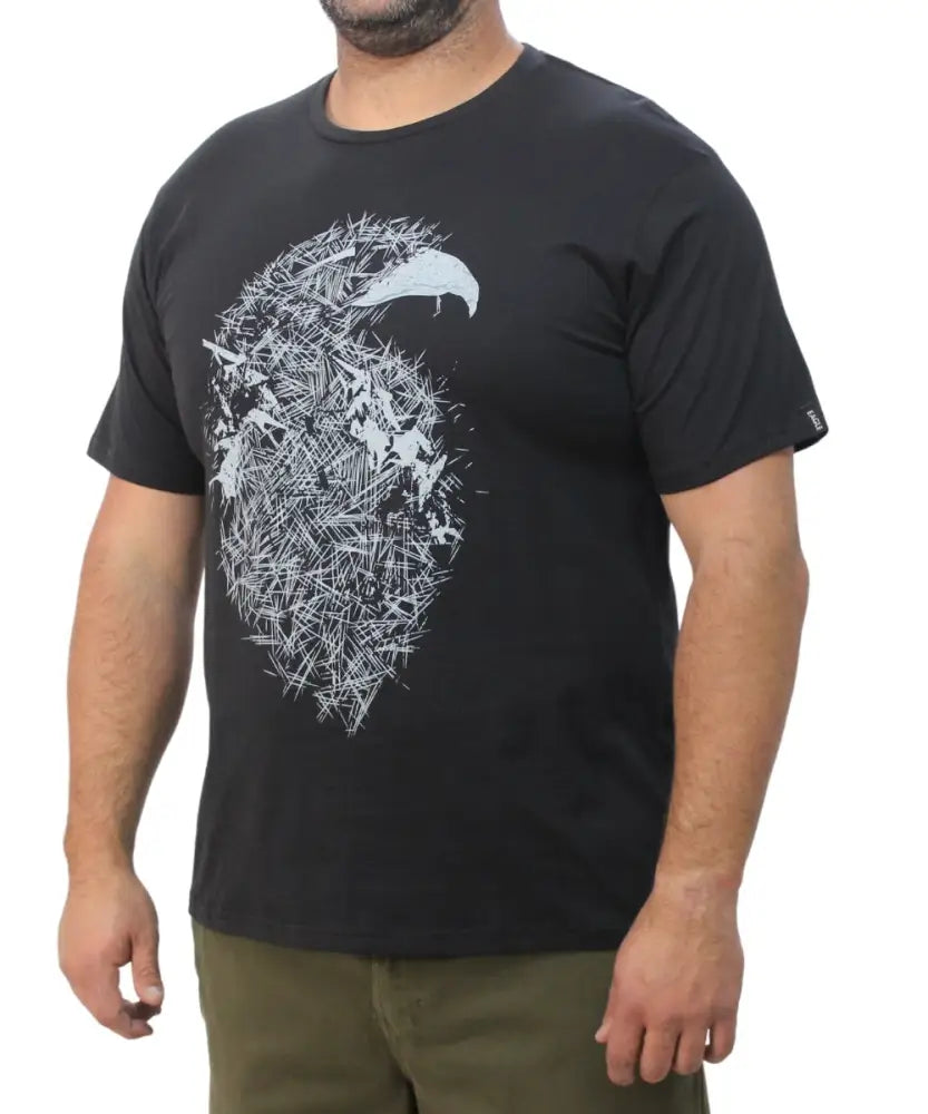Black mens printed bird tee featuring a detailed white eagle design and intricate patterns