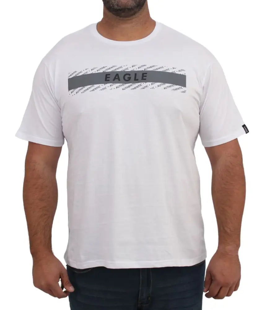 White mens printed eagle tee featuring ’EAGLE’ on a gray stripe across the chest