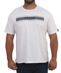 White mens printed eagle tee featuring ’EAGLE’ on a gray stripe across the chest