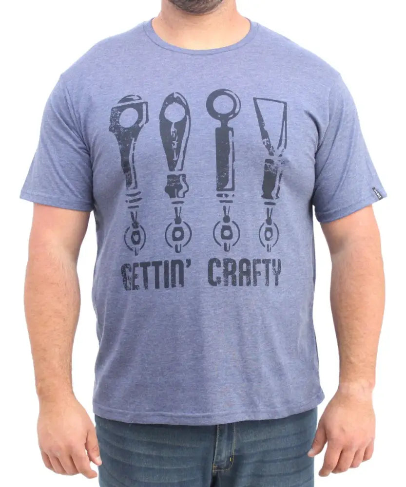 Light blue mens printed Get Crafty tee with beer tap handles design