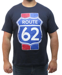 Navy blue tee featuring Route 62 road sign graphic for stylish casual wear