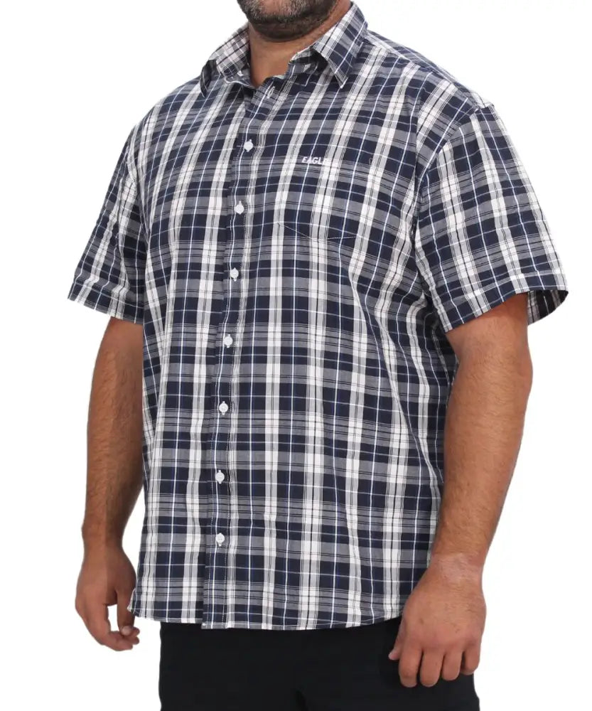 Mens short sleeve check shirt in plaid pattern worn by a person