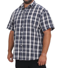 Mens short sleeve check shirt in plaid pattern worn by a person