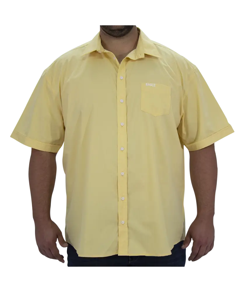 Mens Short Sleeve Plain Shirt in yellow featuring a collar and chest pocket