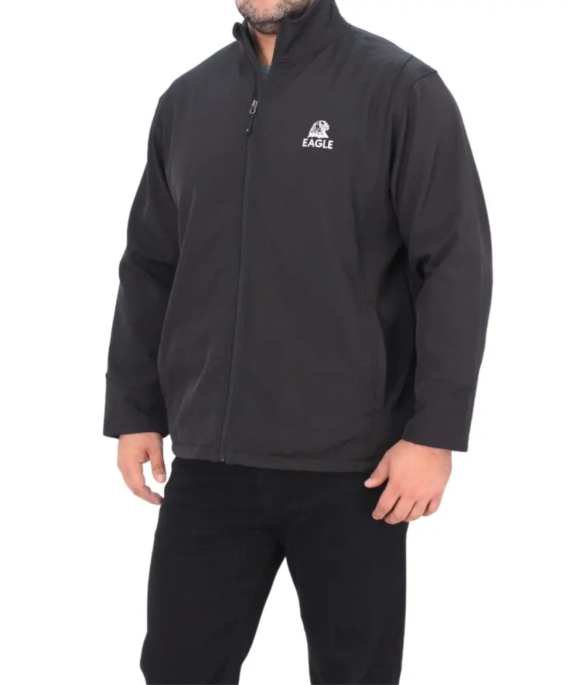 Black zip-up mens softshell jacket featuring a white logo on the chest