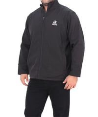 Black zip-up mens softshell jacket featuring a white logo on the chest