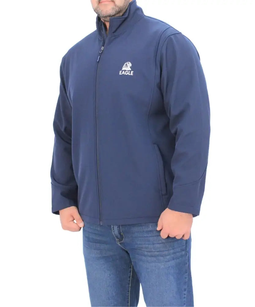 Blue mens softshell jacket featuring a white logo on the chest
