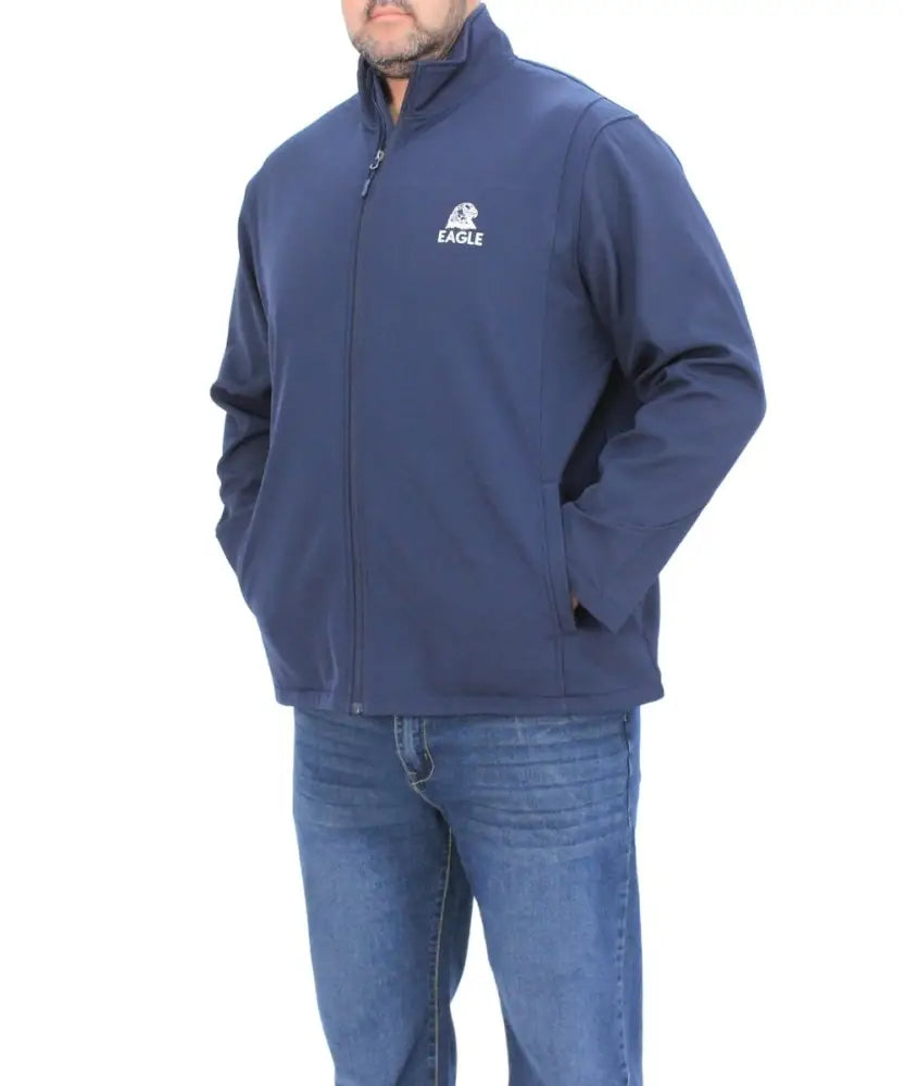 Navy blue mens softshell jacket featuring an Eagle logo on the chest