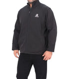 Black zip-up mens softshell jacket featuring a white logo on the chest