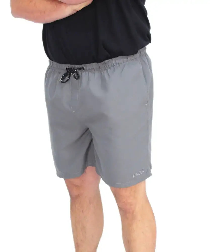 Gray athletic shorts with drawstring waistband for men’s swim shorts collection