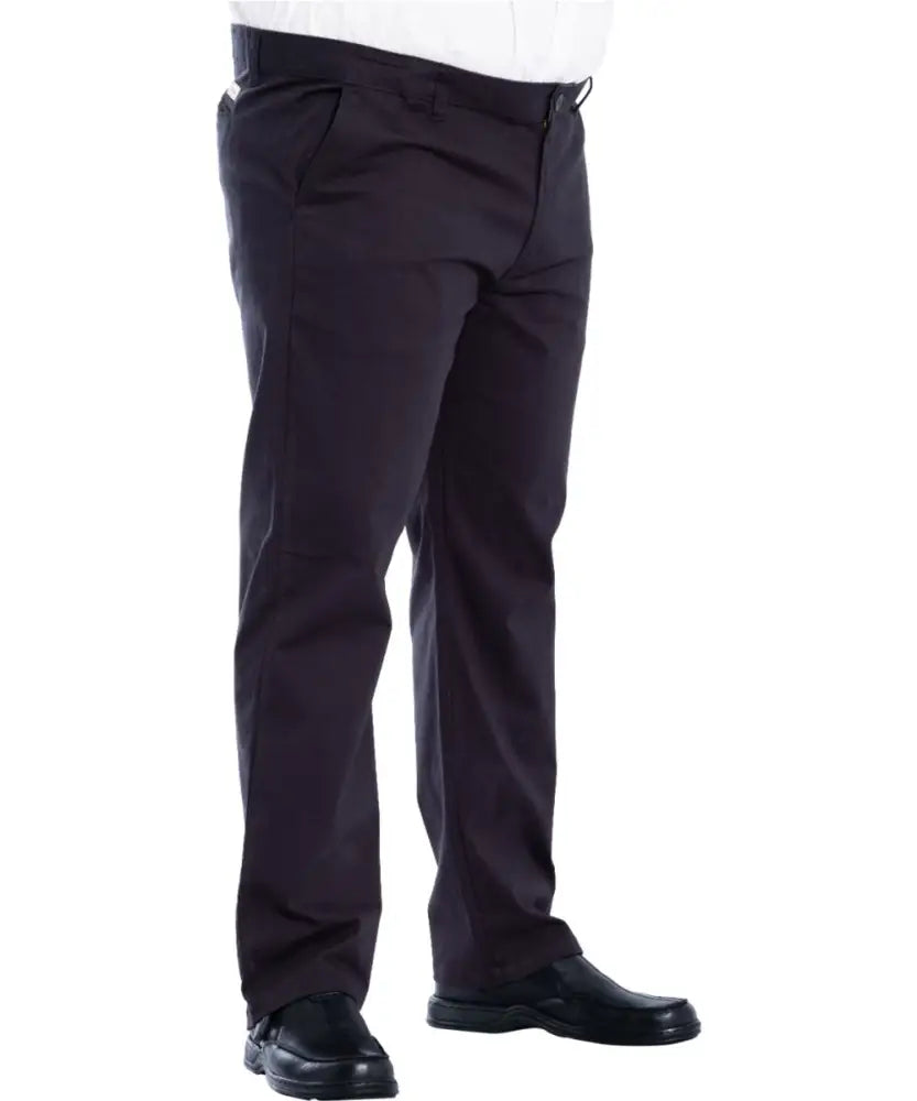 Mens Twill Chino Trouser in dark blue over black dress shoes with visible belt loop