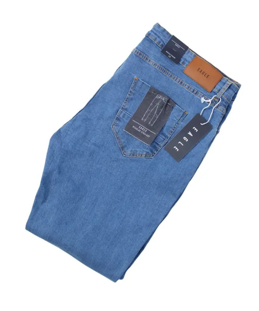 Folded Mens Utah Eagle Jean in blue with tags attached, showcasing quality craftsmanship