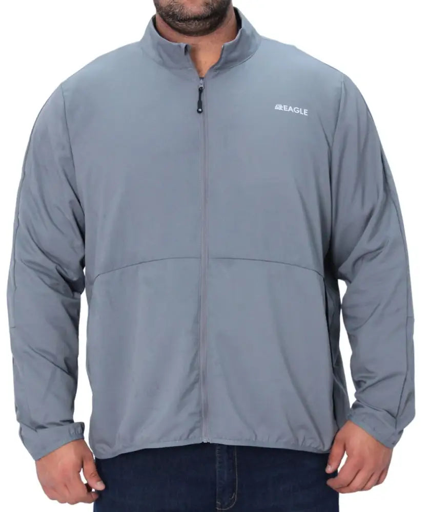 Gray zip up jacket with GRIZZLY branding for men’s lightweight outerwear