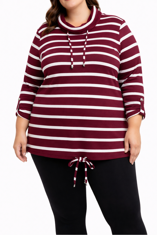 Ladies Stripe Funnel Nck Top Burg/wht