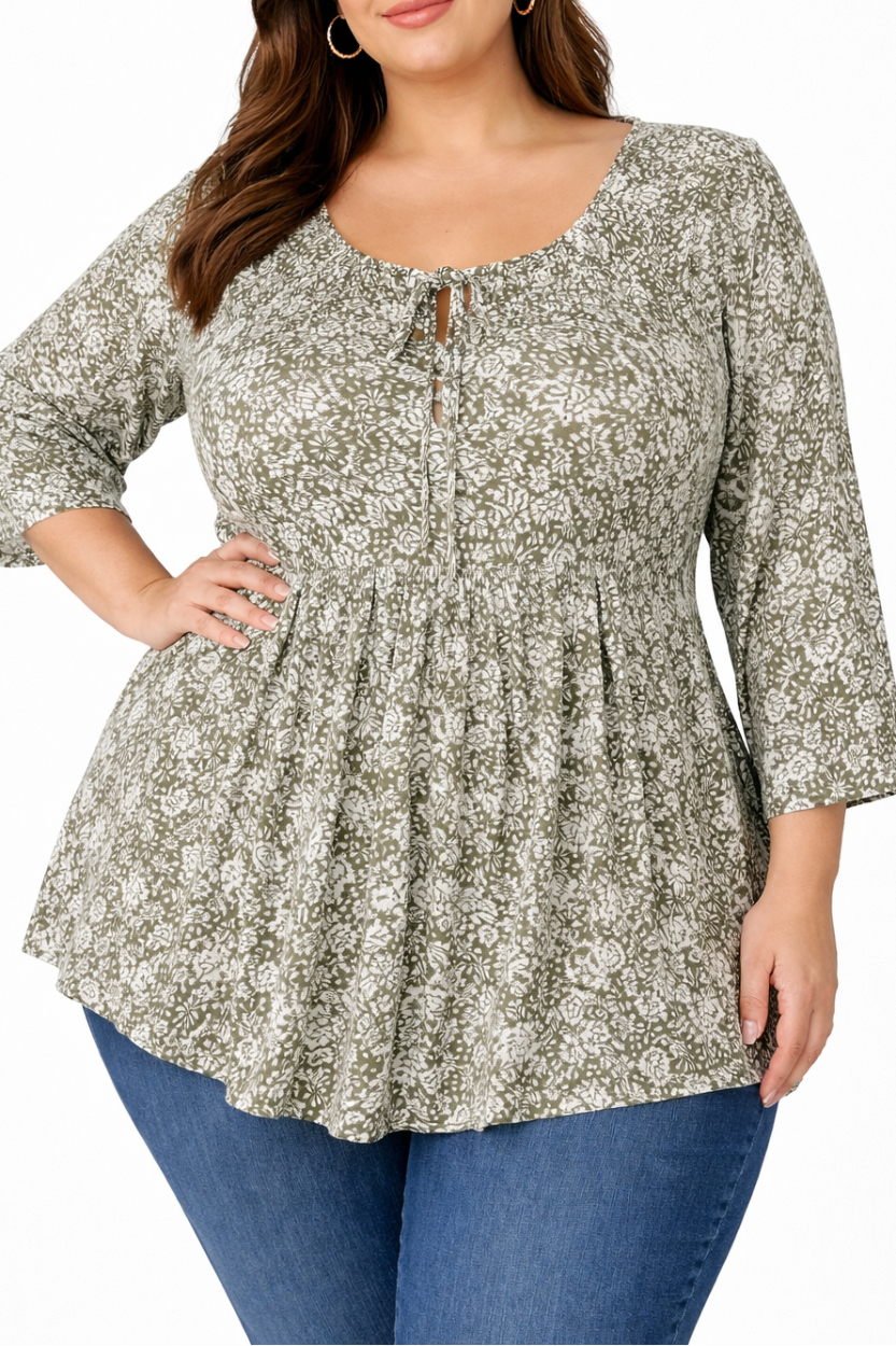 Ladies Printed Pleated Peasant Top